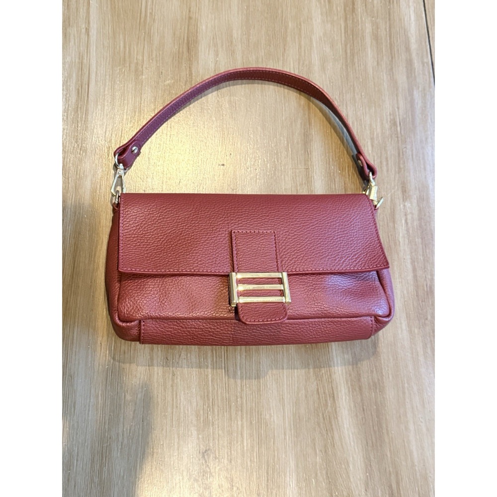Divina Firenze Red Burgundy Pebbled Leather Shoulder Baguette Bag Italy